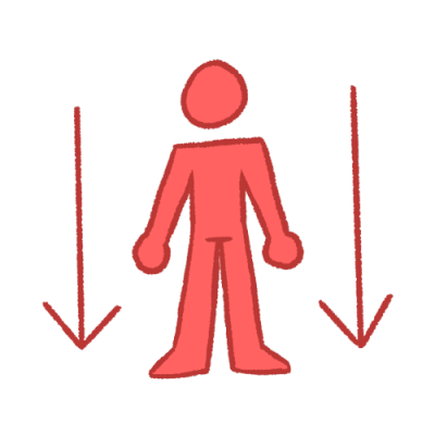 a featureless dark pink person standing with an arrow pointing downwards on either side of them.